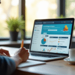 Espace de travail moderne avec ordinateur et personne prenant des notes