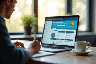 Espace de travail moderne avec ordinateur et personne prenant des notes