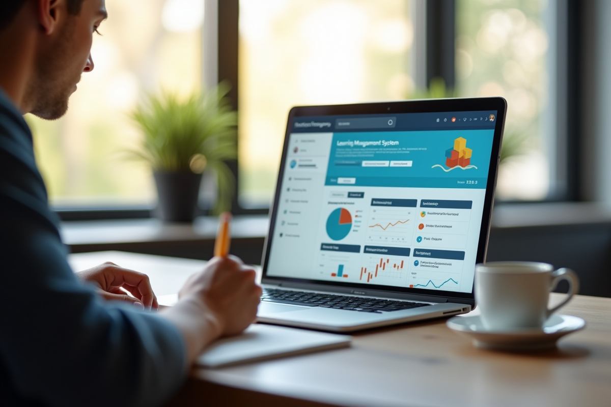 Espace de travail moderne avec ordinateur et personne prenant des notes