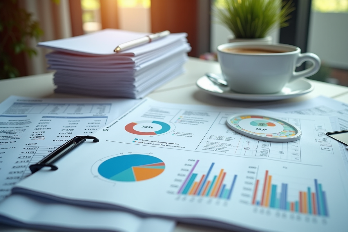 Espace financier organisé avec documents et graphiques