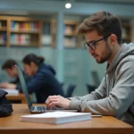 Jeune étudiant concentré sur son ordinateur dans une bibliothèque universitaire