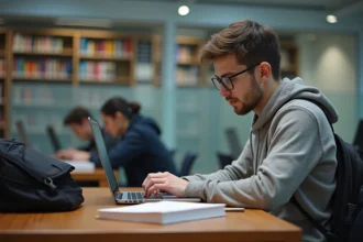 Jeune étudiant concentré sur son ordinateur dans une bibliothèque universitaire