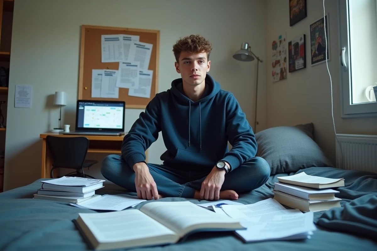 Étudiant organisant ses révisions dans sa chambre universitaire entouré de plannings d'examens et de manuels scolaires