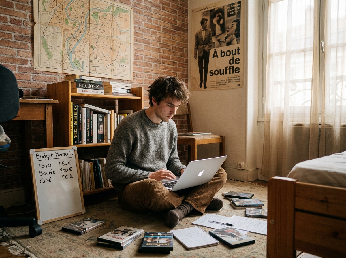Étudiant en cinéma montant une vidéo dans son petit appartement étudiant à Lyon avec un budget limité