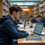 Étudiant masculin consultant son ENT college78 sur un ordinateur portable dans une bibliothèque universitaire moderne
