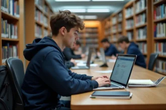 Étudiant masculin consultant son ENT college78 sur un ordinateur portable dans une bibliothèque universitaire moderne