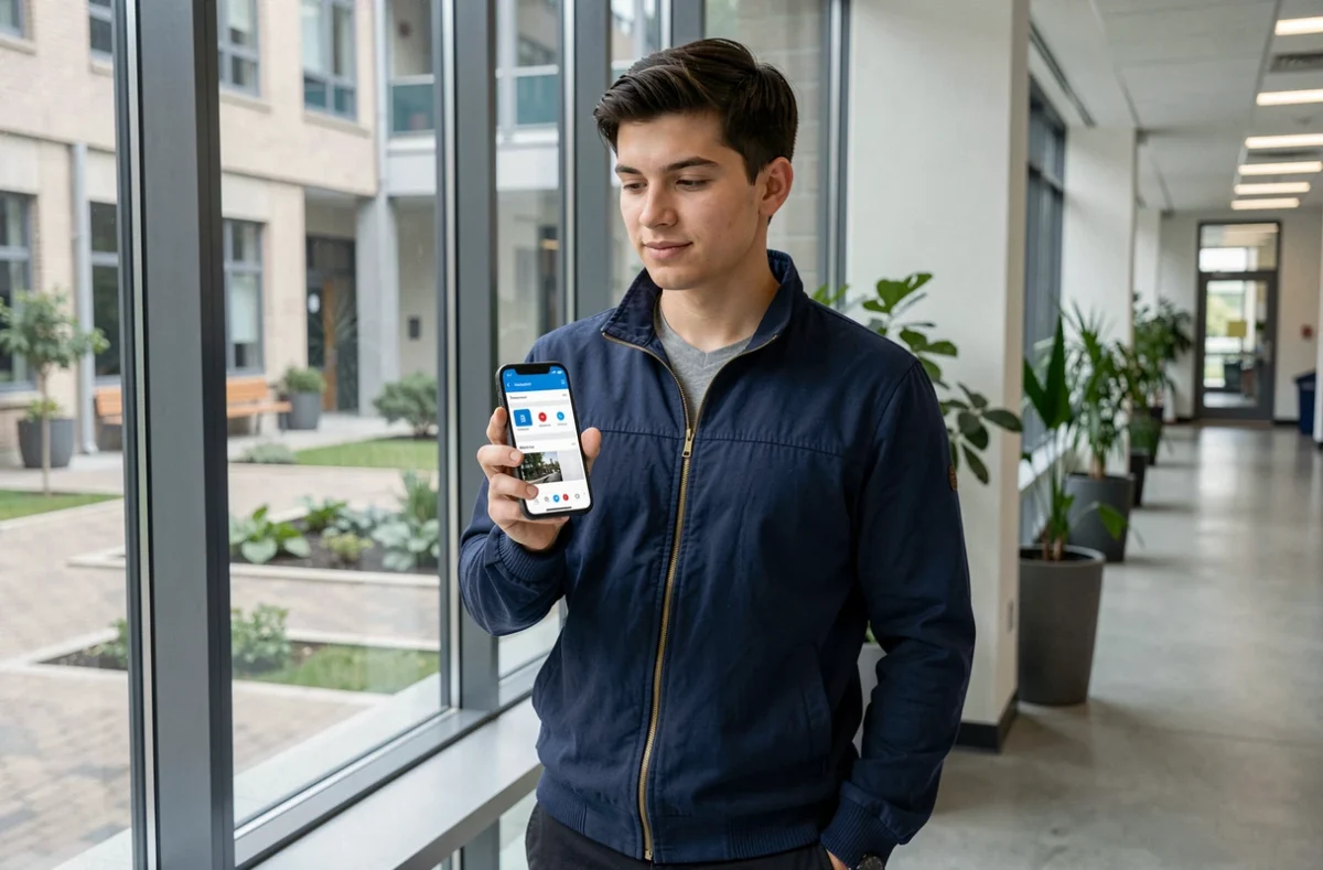 Étudiant consultant l'ENT de Normandie sur son smartphone dans un couloir moderne d'université