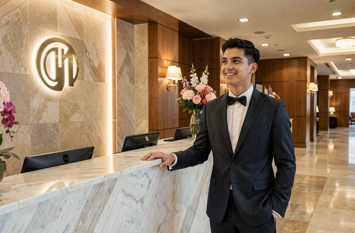 Étudiant en formation hôtelière à la réception d'un hôtel de luxe accueillant des clients