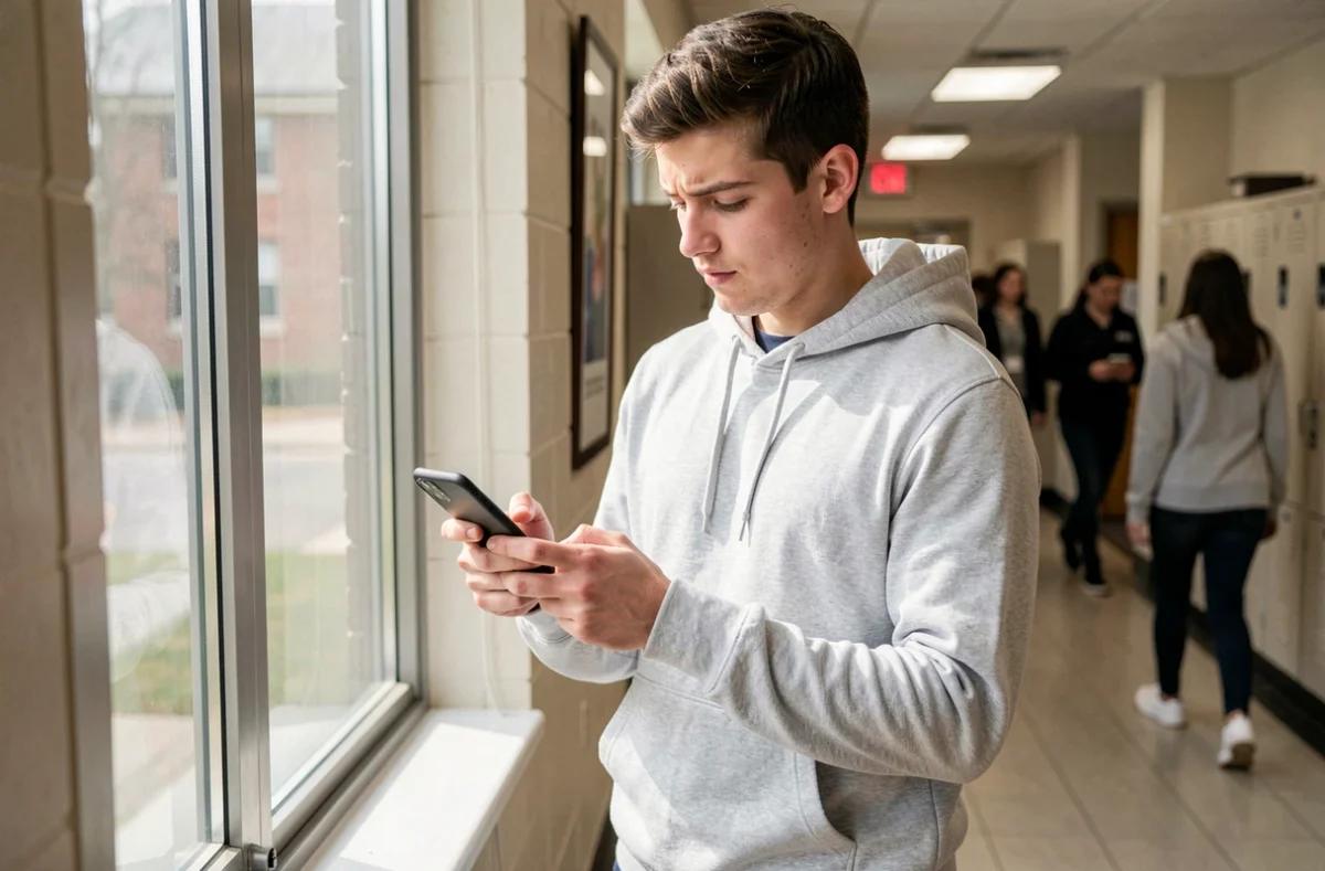 Étudiant en première année d'IUT utilisant l'ENT sur son smartphone dans un couloir universitaire
