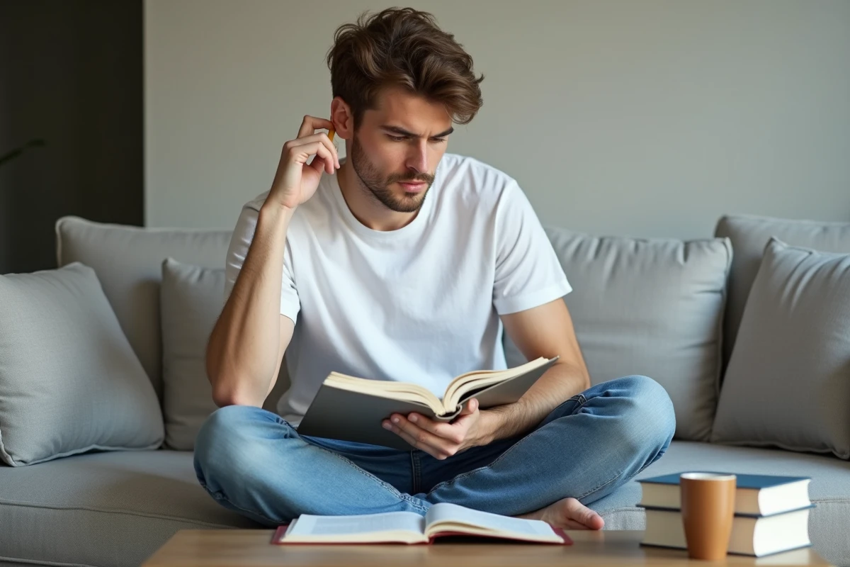 Jeune homme étudiant la grammaire française avec un manuel de conjugaison ouvert sur les genoux dans un salon moderne