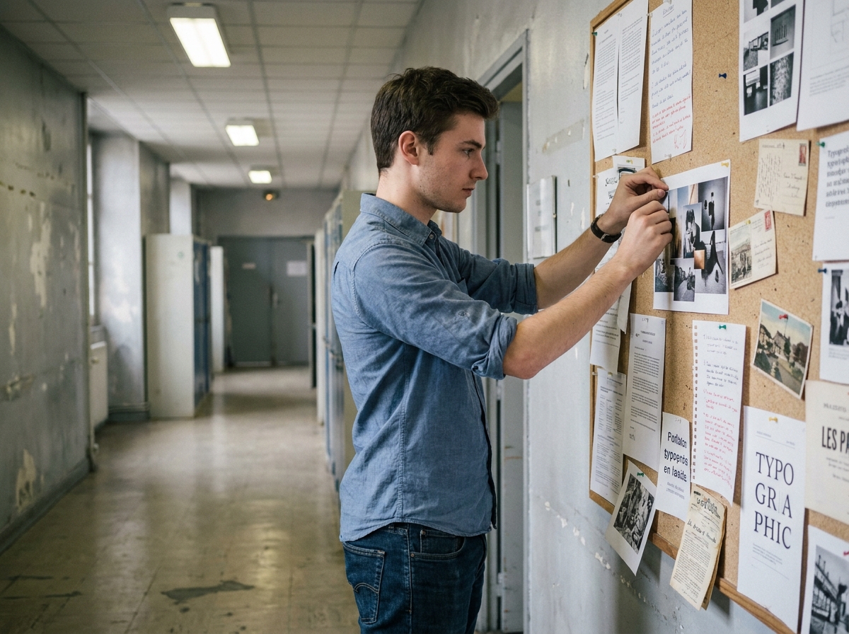Étudiant en prépa arts graphiques affichant un travail de photomontage sur un panneau de critiques dans un couloir d'école préparatoire française