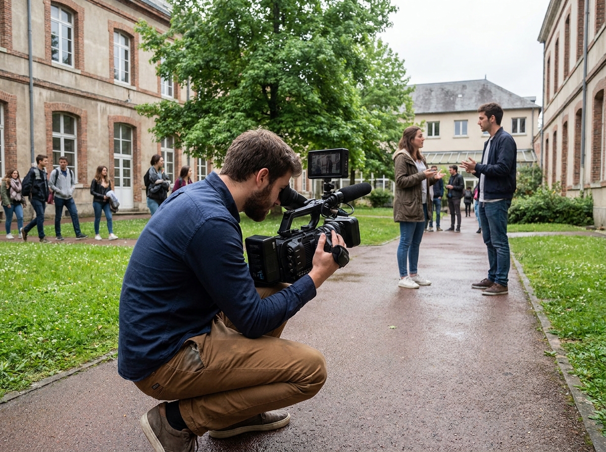 Étudiant en audiovisuel filmant une scène en extérieur sur un campus d'école de cinéma régionale en France