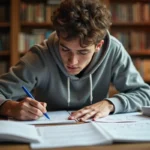 Étudiant en mathématiques écrivant des formules trigonométriques sin et cos dans un cahier sur un bureau de bibliothèque universitaire