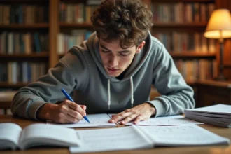 Étudiant en mathématiques écrivant des formules trigonométriques sin et cos dans un cahier sur un bureau de bibliothèque universitaire