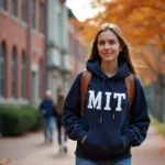 Étudiante portant un sweat MIT marchant sur le campus historique aux allures de briques rouges de l'université en automne