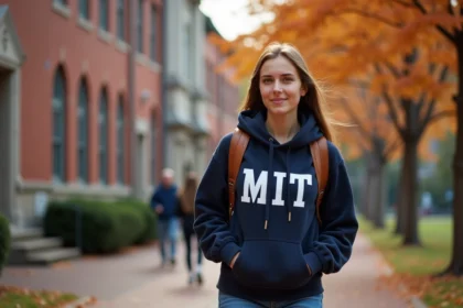 Étudiante portant un sweat MIT marchant sur le campus historique aux allures de briques rouges de l'université en automne