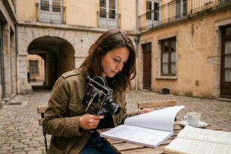 Étudiante en cinéma révisant son scénario dans un café lyonnais avec une caméra argentique, quartier Croix-Rousse