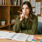 Jeune femme étudiant le conditionnel présent espagnol avec des cahiers de grammaire et des fiches de conjugaison sur un bureau en bois