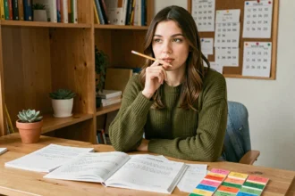 Jeune femme étudiant le conditionnel présent espagnol avec des cahiers de grammaire et des fiches de conjugaison sur un bureau en bois