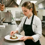 Étudiante en école hôtelière IFH dressant une assiette gastronomique dans une cuisine professionnelle