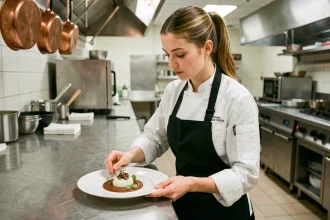 Étudiante en école hôtelière IFH dressant une assiette gastronomique dans une cuisine professionnelle