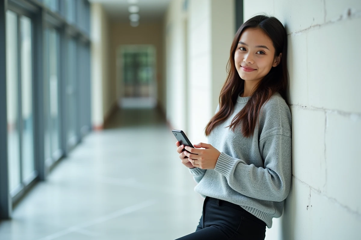Étudiante consultant ses absences et notes sur smartphone via l'ENT college78 dans un couloir universitaire