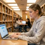 Étudiante connectée à l'ENT de l'université de Normandie sur son ordinateur portable dans une bibliothèque universitaire