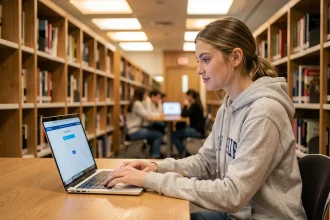 Étudiante connectée à l'ENT de l'université de Normandie sur son ordinateur portable dans une bibliothèque universitaire