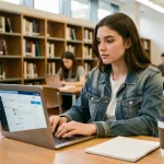 Étudiante en IUT consultant son ENT sur un ordinateur portable dans une bibliothèque universitaire moderne