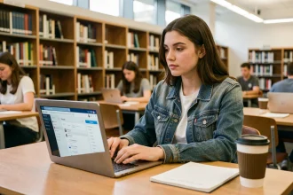 Étudiante en IUT consultant son ENT sur un ordinateur portable dans une bibliothèque universitaire moderne