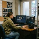 Étudiante en cinéma travaillant sur un logiciel de montage vidéo dans un laboratoire multimédia universitaire en province