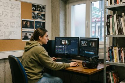 Étudiante en cinéma travaillant sur un logiciel de montage vidéo dans un laboratoire multimédia universitaire en province