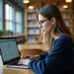 Étudiante connectée à un portail universitaire en ligne sur son ordinateur portable dans une bibliothèque universitaire moderne