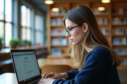 Étudiante connectée à un portail universitaire en ligne sur son ordinateur portable dans une bibliothèque universitaire moderne