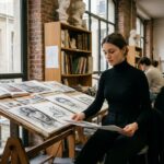 Étudiante en classe préparatoire artistique travaillant sur son portfolio dans un atelier parisien avec des croquis et des références visuelles