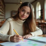 Étudiante révisant ses cours dans une bibliothèque universitaire avec un planning de révision coloré et des cahiers organisés