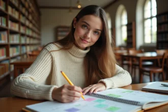 Étudiante révisant ses cours dans une bibliothèque universitaire avec un planning de révision coloré et des cahiers organisés