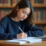 Étudiante remplissant un test d'orientation professionnelle dans une bibliothèque universitaire