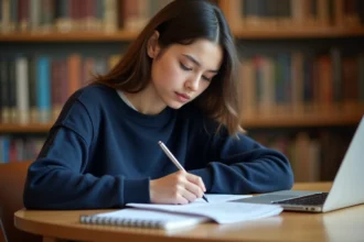 Étudiante remplissant un test d'orientation professionnelle dans une bibliothèque universitaire