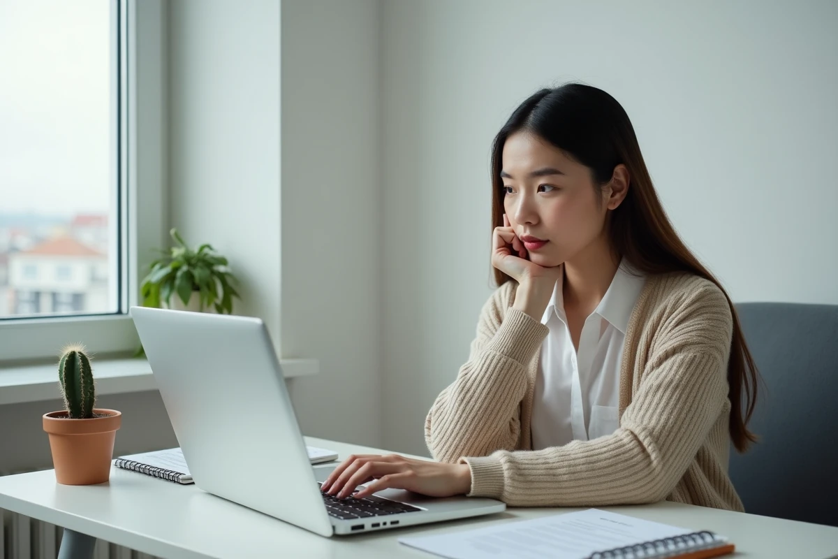Étudiante consultant un test d'orientation en ligne sur son ordinateur portable chez elle