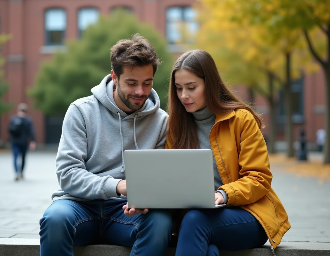 Deux étudiants comparant les plateformes Eduservices et MyCampus sur un ordinateur portable en extérieur sur un campus universitaire