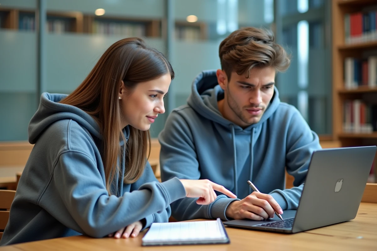 Deux étudiants configurant un compte Outlook ensemble dans une bibliothèque universitaire