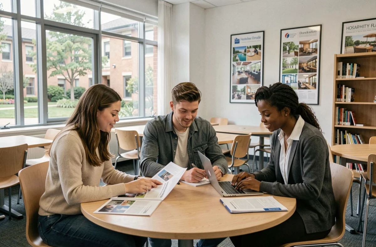 Groupe d'étudiants en école hôtelière IFH travaillant ensemble sur leurs cours de formation post-bac