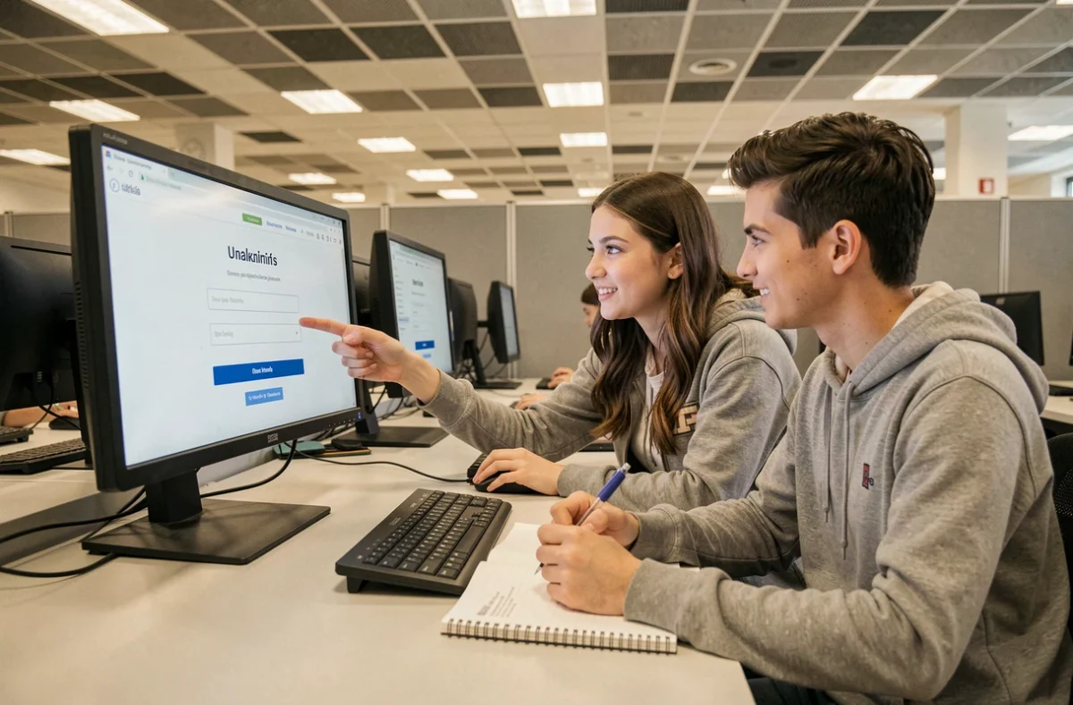 Deux étudiants de l'ESME collaborant devant un écran d'ordinateur pour effectuer les premières étapes de connexion à My Digital Campus