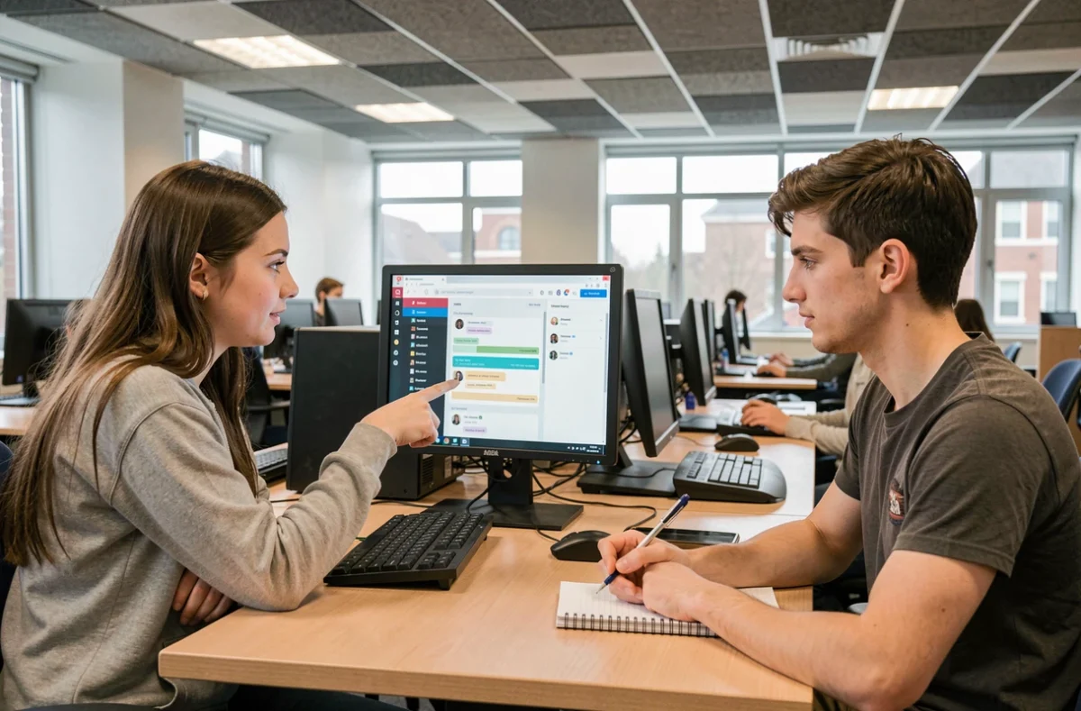 Deux étudiants de première année d'IUT découvrant ensemble l'ENT sur un ordinateur en salle informatique