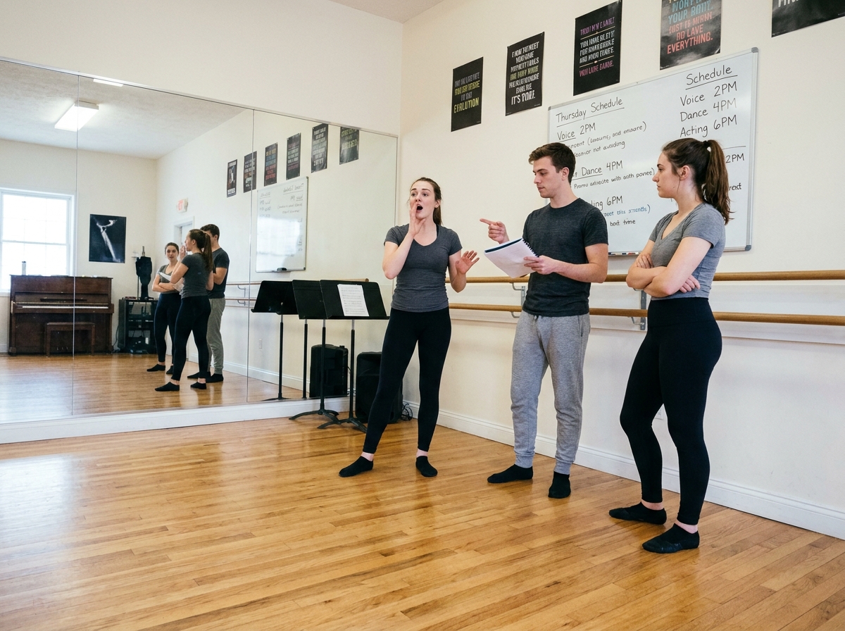 Groupe d'étudiants en prépa entertainment en pleine répétition dans une salle de danse avec miroirs et barres, pratiquant chant et expression scénique