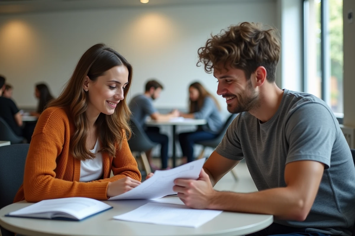 Deux étudiants révisant ensemble dans un espace commun universitaire en comparant leurs notes et plannings d'examens