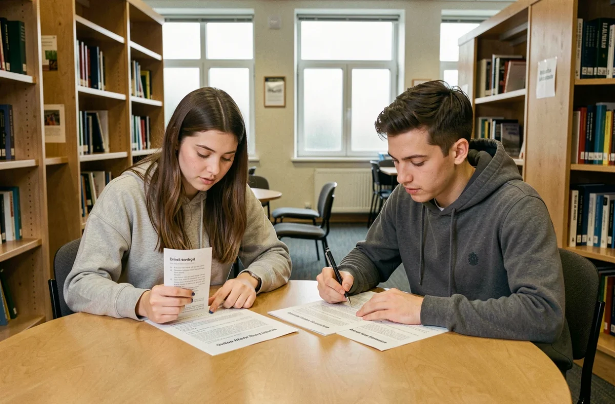 Deux étudiants révisant ensemble les questions du code de la route dans une bibliothèque avec des fiches imprimées