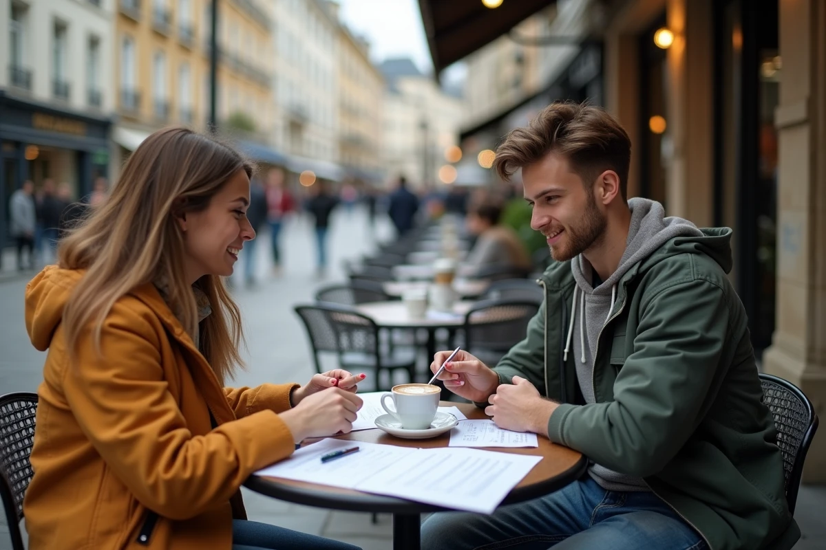 Deux étudiants révisant ensemble des exercices d'entraînement TOEIC autour d'un café en terrasse
