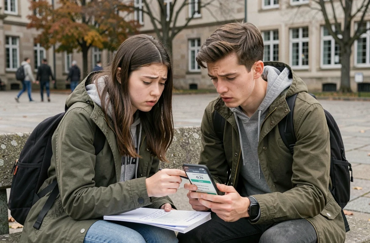 Deux étudiants comparant les résultats d'une simulation de bourse CROUS sur smartphone en extérieur